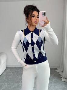 Elenzga Elegant Blue & White Argyle Pattern Turndown Collar Faux Placket Long Sleeve Knit Sweater, Suitable For Commuting & Everyday Wear, Autumn/Winter