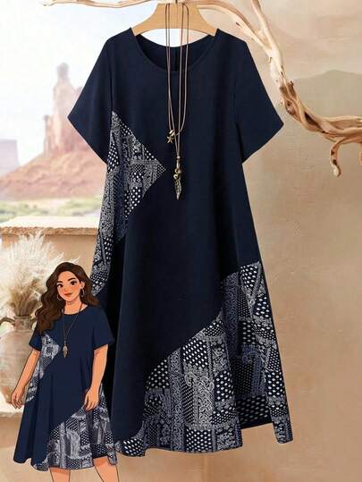 Rusticease 大码女式休闲腰果印花圆领宽松短袖连衣裙，度假风