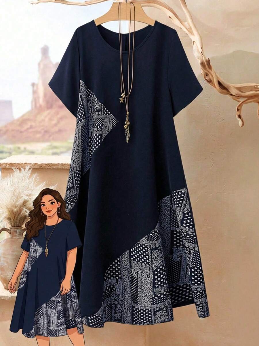 Rusticease 大码女式休闲腰果印花圆领宽松短袖连衣裙，度假风