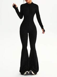 Dewbera 1pc Women's Seamless Sexy Leopard Print Mock Neck Front Zipper Thumb Hole High Waist Contour Sports Running Fitness Gymnastics Dance Long Sleeve Flared Jumpsuit - Multicolor - View 4