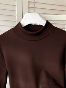 SHEIN Tween Girls' Brown Solid Thermal Turtleneck Long Sleeve T-Shirt,Casual School Winter Velvet Slim Tops For Halloween Christmas New Year Outings - Coffee Brown - View 5