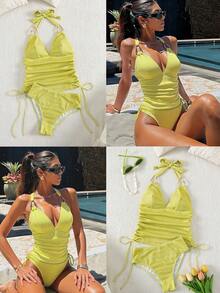 Bonvoyette Lime Green Textured Fabric Bikini Set,Deep V Drawstring Metal Decor Top And High-Waisted Bottom,Summer Casual Beach Vacation Holiday Spring Autumn - Mustard Yellow - View 5