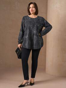 Chikora 大码女式水钻装饰扎染圆领长袖休闲T恤，黑色纯色亮银色烫金弹力针织V领长袖T恤，黑色，秋季，外出上衣 - 黑色 - 查看 5