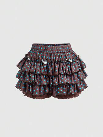 Kawaii Pantaloncini da donna con vita elastica, stampa a pois a contrasto, balze e inserti in pizzo