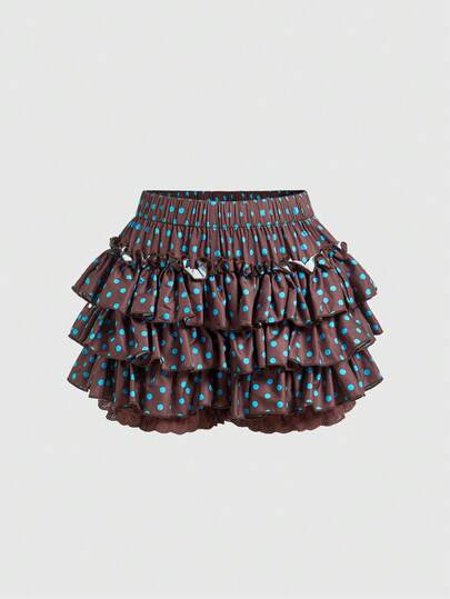 Kawaii Pantalones cortos de mujer con cintura elástica, estampado de lunares de color contrastante, volantes en el bajo y parches de encaje