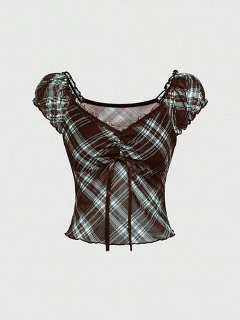 J-Fashion Damen Y2K Karomuster Kontrast Spitze Herzausschnitt Raglan Kurzarm modisches T-Shirt