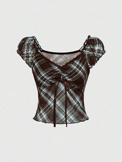 J-Fashion Camiseta de moda con cuello de encaje en contraste, mangas cortas raglán y estampado de cuadros para mujer, estilo Y2K