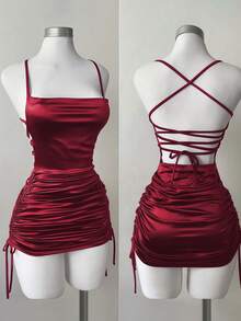 Franclia Minimalist Spaghetti Strap Ruched Decor Plunging Neckline Women Dress - Burgundy - View 2