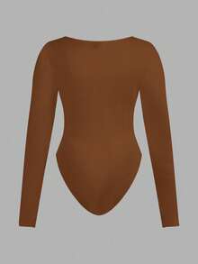 SHEIN Essnce 大码女式时尚休闲通勤商务休闲年轻商务职业内衣两件套，黑色、酒红色、锚红色多件套紧身包臀方领长袖连体衣 - 鏽棕色 - 查看 4