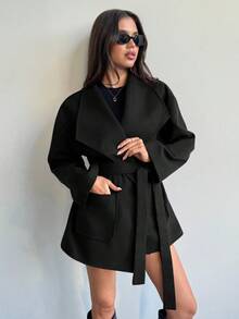 Aloruh Áo khoác len dài tay dáng quấn chéo màu trơn thời trang và đa năng - màu đen - Xem 5