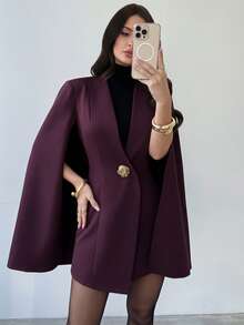 Firerie Women's Elegant Burgundy Autumn Cloak Metallic Poncho Flare Sleeve Vintage Velvet Coat,Party Night Date Christmas New Year Wine Red Dress - Burgundy - View 4