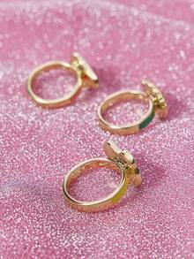THE POWERPUFF GIRLS X SHEIN Set de anillos con estampado de patrones de dibujos animados populares, elegante y con estilo, adecuado para fiestas, conciertos y festivales - Dorado - Ver 4