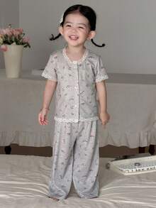 DAZY 2pcs Baby Girls' Allover Print Casual Long Sleeve T-Shirt And Pants Homewear Set - Grey - View 2