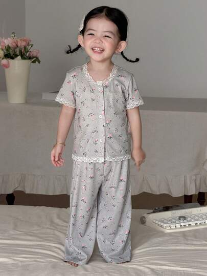 DAZY 2件套女婴全印花休闲长袖T恤和裤子家居服套装