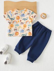 Cozy Pixies Conjunto de 2 piezas de camiseta de manga corta y pantalones de punto suave y cómodo con bolsillo y diseño de animal de dibujos animados en contraste de color para niño pequeño, conjunto casual y lindo para jugar al aire libre - Caqui - Ver 2