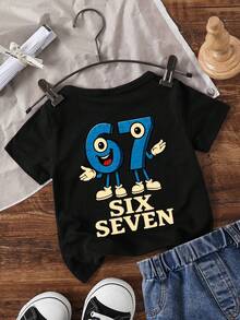 Young Boy Fashionable Funny "67" Number & "SIX SEVEN" Letter Print Round Neck Short Sleeve T-Shirt, Suitable For Outdoor Wear In Summer