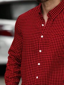 Manfinity Homme 加大码男士休闲格子衬衫，秋季款 - 酒紅色 - 查看 5