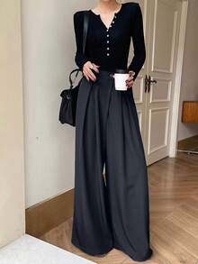 Dazy Tall Quần ống rộng xếp ly màu trơn cho nữ - Màu xám đen - Xem 2