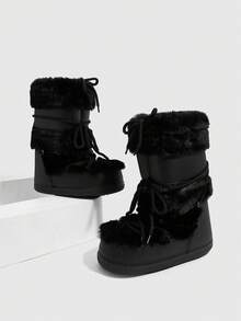 CUCCOO SZL Women Shoes Autumn And Winter New Warm Inner Height Increase Comfortable Bow Straps Moon Boots Round Toe Flat Bottom Casual Hot Girl Wind Fluff Black Snow Boots Outside Wear Snow Women - Black - View 2