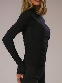 Musera Sport Áo thể thao tay dài ôm sát, không đường may, có bèo nhún hai bên, thích hợp cho tập luyện thể thao mùa đông, tập gym, tập luyện thể thao, khám phá. - màu đen - Xem 5