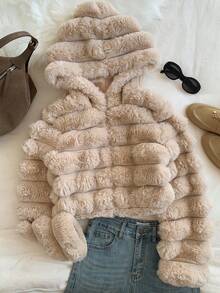 SHEIN EZwear 女式卡其色蓬松连帽短款人造毛皮夹克，秋冬时尚 - 卡其色 - 查看 7