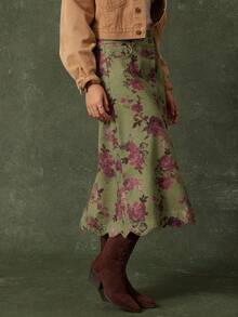 WESTFADE High Waist Scalloped Button Front Cotton Blend Denim A Line Midi Skirt Cute Fall , Casual, Autumn, Winter, Boho, Western Wear For Women, Country Concert - Multicolor - View 5