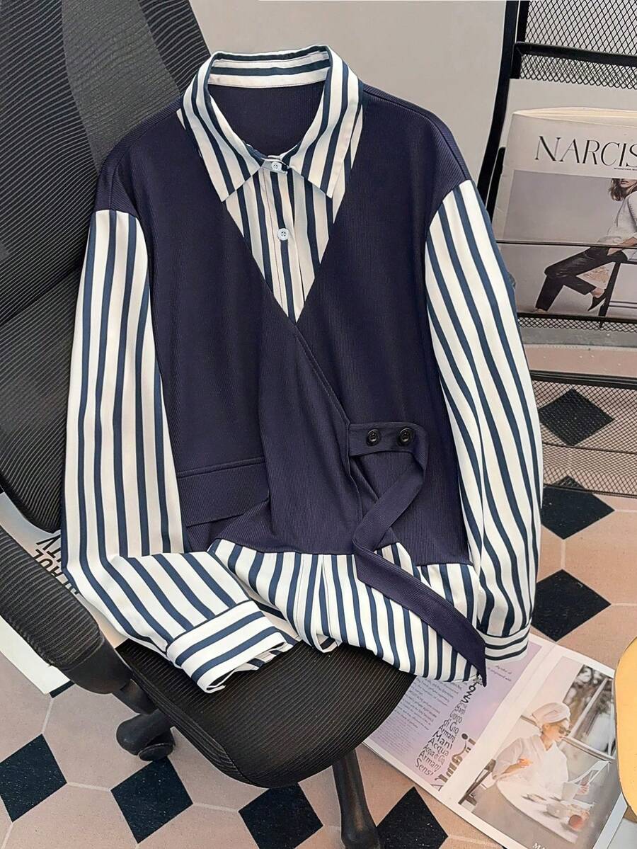 Franclia Damskjorta med rutmönster och lapptäcke, 2-i-1-långärmad - Marinblå - Visa 1