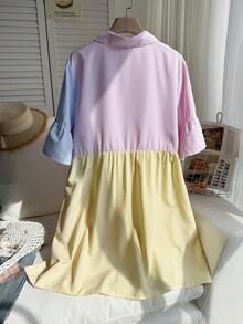 Comfortcana Đầm suông rộng rãi tay bồng phối nút bèo nhún màu sắc cỡ lớn - Nhiều màu - Xem 2