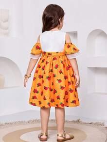 Young Girl Casual Minimalist Comfortable Round Neck Color Block Ruffle Hem Dress - Multicolor - View 3