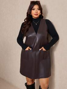 Elaquor 大码女式纯色PU皮革口袋吊带连衣裙，秋冬款 - 咖啡棕 - 查看 6