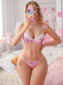 2件套可爱粉色蕾丝拼接内衣套装 - 粉色 - 查看 4