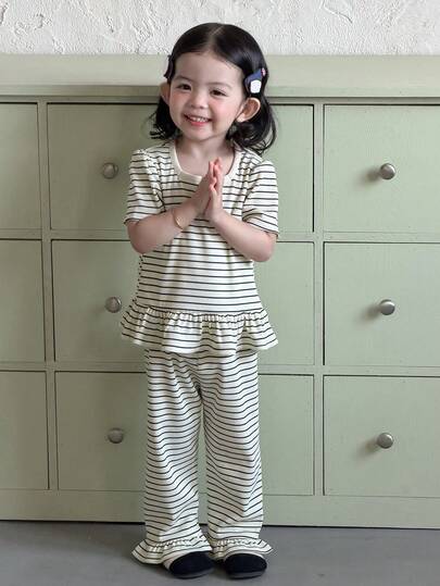 DAZY 2件套女婴条纹方领长袖荷叶边下摆上衣和裤子套装