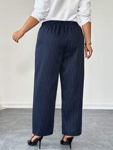 Elenzga Women's Elegant Minimalist Striped Fabric Casual Pants With Pockets, Versatile For Daily Wear, Spring/Autumn - Navy Blue - View 2
