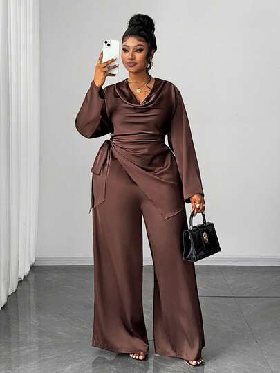 Maweii Plus Size Elegant Commuter Solid Color Lapel Asymmetric Hem Shirt And Pants 2 Pieces Set