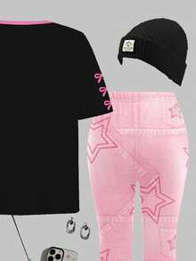 2pcs/Set Tween Girl Casual Loose Fit Numeric 67 & Star Print Short Sleeve T-Shirt And Flare Pants, Suitable For Daily, Outings, Street Style, Cozy Summer And Fall Styles, Spring & Summer Clothes, Chic, New Style, Tween Girl Campus Chic, POV - Multicolor - View 5