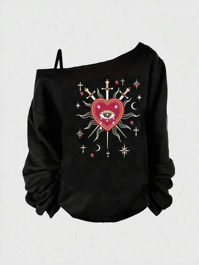 Goth Sudadera con capucha negra de manga larga, sexy, con hombro oblicuo, con gemas en forma de corazón, ojo, sol, luna y estrella, de estilo gótico oscuro y vintage, para tallas grandes