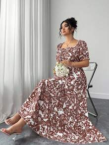 Elenzga 大码女式方领泡泡袖露背修身长裙，休闲度假风，优雅时尚，适合春夏穿着 - 棕色 - 查看 6