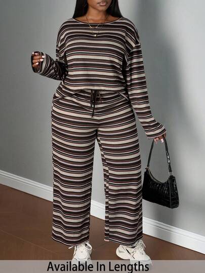 SHEIN PETITE CURVE Plus Size Casual Striped Top And Pants 2 Pieces Set, Autumn Striped Two Piece Set Two Piece Lounge Set Comfortable Two Piece Set Casual 2 Piece Set Two Piece Set Women Comfy