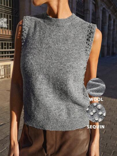 Maija Sequin Grey Sleeveless Rhinestone Decor Loose Knit Vest Top For Women Crystal Embellished Top Grey Sleeveless Sweater Sleeveless Knit Top Autumn For Women Casual Blouse For Women Party For Elegant Women's Blouses Casual Blouses For Women Grey Tank Top Rhinestone Top