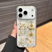 Autumn/Winter Daisy Real Flower Creative New 17Pro Compatible With Apple 16promax Phone Case 16 Elegant Elegant IPhone15pro Fashion Transparent Floral 14pro Shockproof Protective Soft Shell 13 Women - Clear - View 13