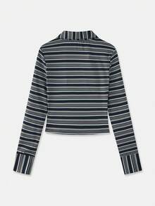 lacRébo Jersey Monochrome Stripe Long Sleeve Button Front Fitted Fall Autumn Office Top Business Casual Top - Multicolor - View 11