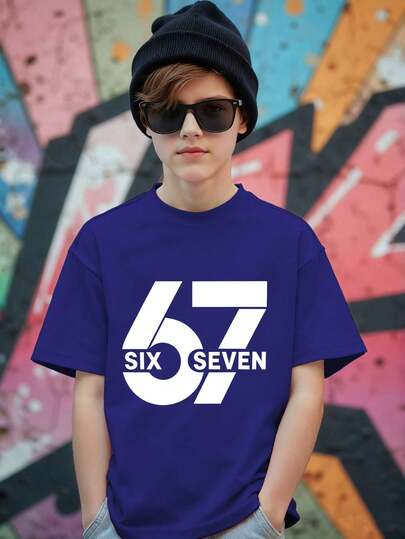 Tween Boys Casual Snygg Rolig "67" Grafiskt Tryck Kortärmad Rundringad T-shirt, Lämplig För Utflykter, Marinblå Kortärmad Topp "Six Seven", Lämplig För Sommar Och Alla Säsonger