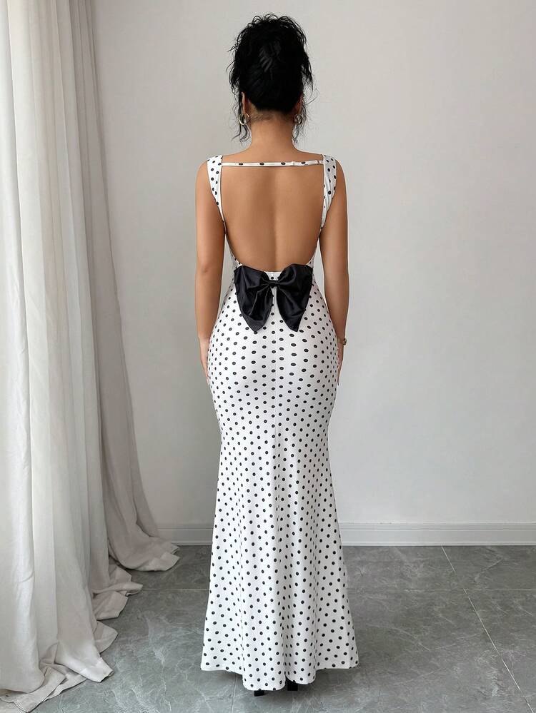 Elenzga Elegante vestido vintage con lunares, sin espalda, patchwork, lazo y cola de pez, adecuado para citas, fiestas, atuendo elegante y encantador, primavera/verano - Blanco y Negro - Añade 6