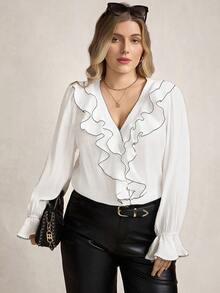 SHEIN LUNE Plus Size Women Contrast Color Ruffle Hem Long Sleeve Fashion Blouse White Top For New Year's Eve Spring Women Spring Breaks - White - View 3