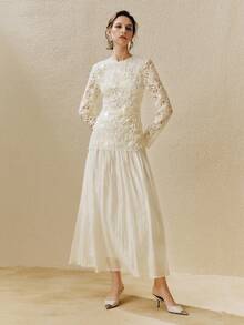 Arave Váy vải sequin thêu lưới dệt thanh lịch dành cho nữ, cổ tròn, tay dài raglan, viền xòe, thiết kế chắp vá, phù hợp cho những dịp trang trọng - Màu be - Xem 4