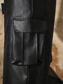 PAVTROS Men's Black PU Leather Pants, Multi-Pocket Cargo Leather Pants, Fashion Versatile Cargo Pants - Black - View 7