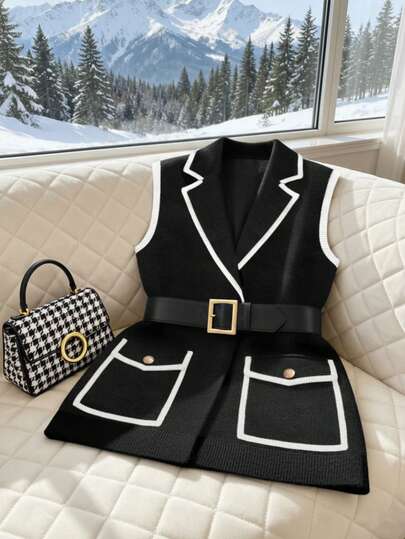 GlowEve Autumn/Winter New Elegant Sophisticated Minimalist Classy Dark Trim Lapel Sleeveless Dual Pocket Metal Button Soft Women Sweater Vest