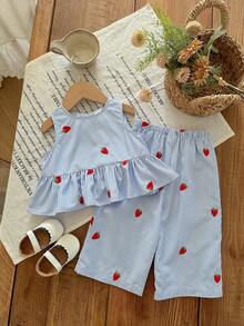 Babygirl Cute Casual Strawberry Striped Bow Decor Camisole & Pants Set - Blue - View 2