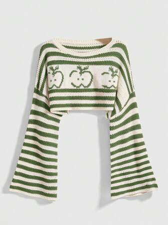 Kawaii Große Größen süßer Apfel Muster locker gestrickter Crop Pullover