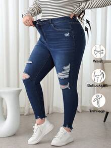 SHEIN Tall CURVE Quần jean denim co giãn dành cho nữ cỡ lớn mùa đông xuân, kiểu dáng ôm sát thanh lịch, thiết kế rách nhẹ. - Rửa tối - Xem 1